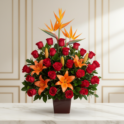 Arreglo floral con rosas rojas y flores naranjas en jarrón marrón Arreglo de rosas rojas y lirios naranjas con aves del paraíso en maceta marrón sobre mesa de mármol, con fondo interior elegante