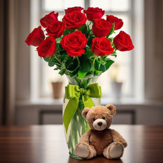 Ramo de rosas rojas en jarrón con lazo verde y oso de peluche Ramo de rosas rojas en un jarrón de cristal con lazo verde sobre mesa de madera, acompañado de un oso de peluche marrón, con ventana desenfocada al fondo