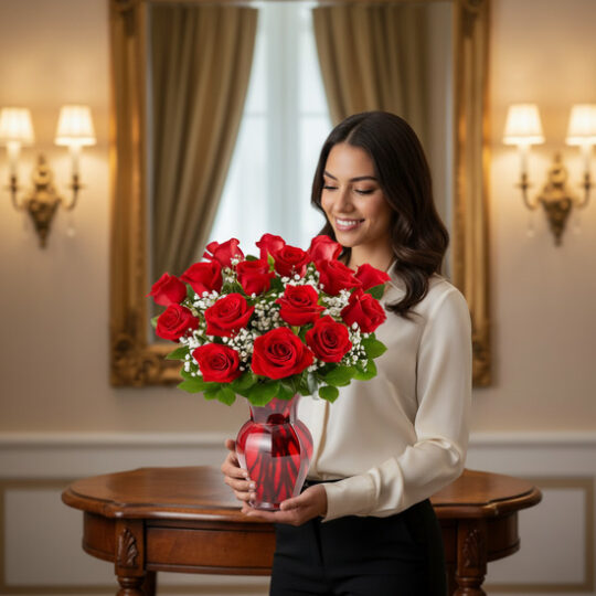 Mujer joven sonriente sostiene un ramo de rosas rojas con paniculata en un jarrón de cristal rojo sobre una mesa de madera en una sala elegante