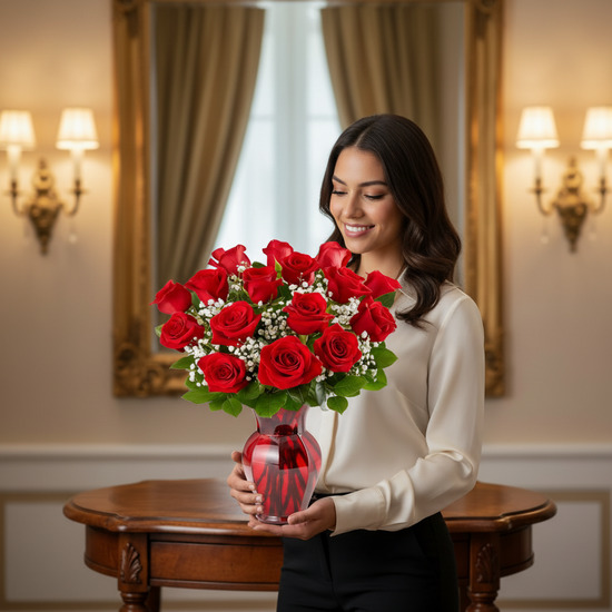 Mujer joven sonriente sostiene un ramo de rosas rojas con paniculata en un jarrón de cristal rojo sobre una mesa de madera en una sala elegante