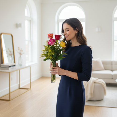 Mujer joven con vestido azul marino sosteniendo un ramo de rosas de colores y flores amarillas en una sala de estar moderna y luminosa