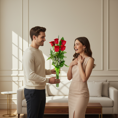 Hombre joven entrega un ramo de rosas rojas a una mujer sorprendida en un salón moderno con sofá claro al fondo