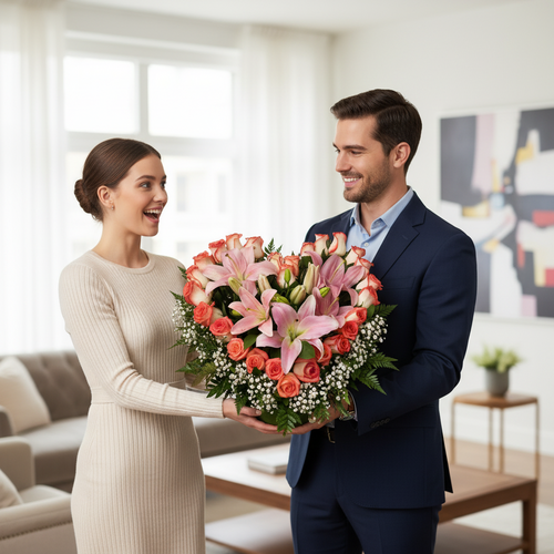 Hombre con traje azul entrega a una mujer con vestido beige un gran ramo de flores en forma de corazón en una sala de estar luminosa
