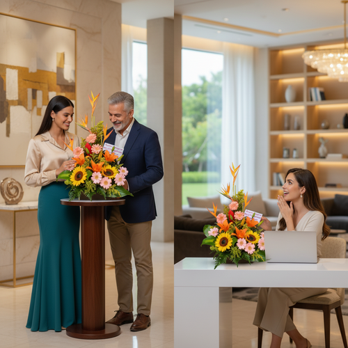 Dos escenas en interior moderno con un hombre y dos mujeres junto a arreglos florales coloridos sobre mesas, con girasoles, gerberas y aves del paraíso