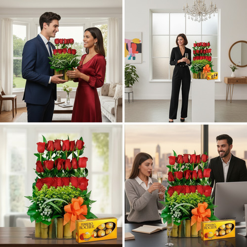 Collage de cuatro fotos que muestran un arreglo de rosas rojas en varios niveles con lazo naranja y caja de chocolates Ferrero Rocher, presentado por parejas y una mujer en interiores modernos