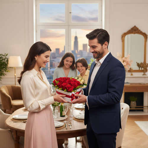 Hombre con traje azul entregando un ramo de rosas rojas y doradas a una mujer de blusa clara y falda rosa en un comedor elegante, con dos personas sonriendo al fondo y vista urbana al atardecer por la ventana