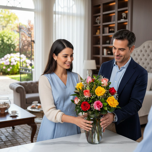 Hombre y mujer sonriendo mientras colocan un ramo de rosas rojas, rosas y amarillas en un jarrón de cristal sobre una mesa en una sala de estar luminosa