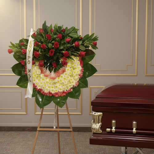 Corona fúnebre de flores rojas, blancas y amarillas sobre caballete de madera al lado de un ataúd de madera barnizada en una sala velatoria elegante