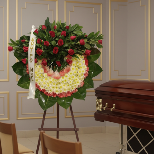 Corona fúnebre grande con rosas rojas y flores blancas y rosadas sobre caballete de madera, colocada al lado de un ataúd de madera barnizada en una sala velatoria de paredes lilas con molduras doradas