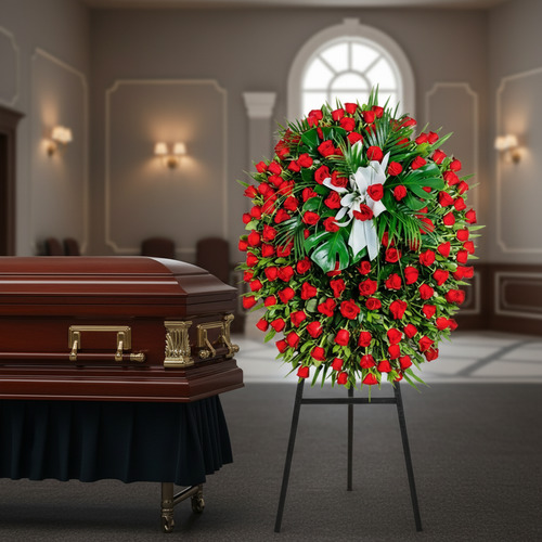 Corona funeraria grande de rosas rojas y follaje verde sobre caballete negro junto a un ataúd de madera oscura en una sala velatoria elegante