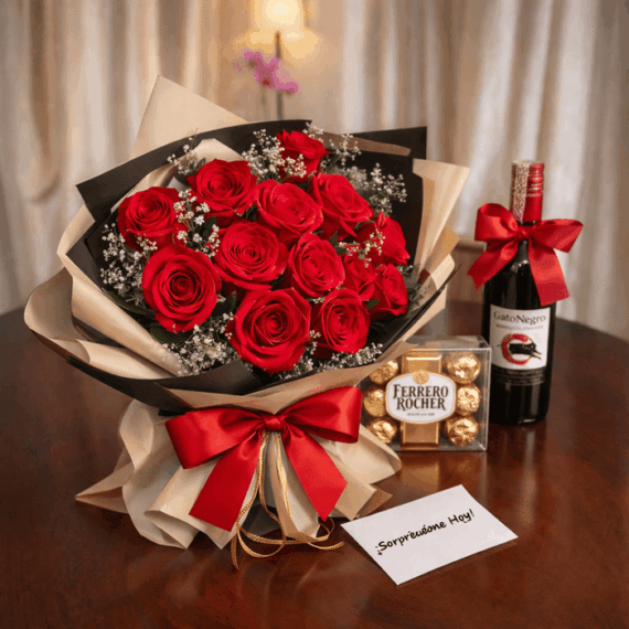 Bouquet de Rosas, Vino y Chocolates flores Bouquet de Rosas Vino y Chocolates flores