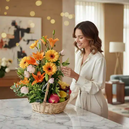 Mujer elegante admirando el Arreglo Basilio, una cesta frutal con rosas, lirios y gerberas en un hogar de lujo. Ideal para re