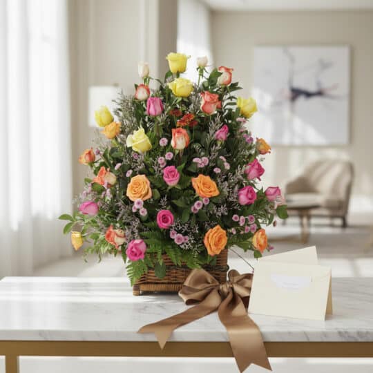 Arreglo floral DONNIA con 34 rosas de colores variados (rosas, amarillas, naranjas) en una cesta de mimbre, sobre una mesa de