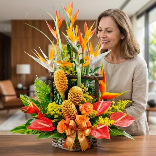 Mujer elegante de mediana edad admirando con deleite un Arreglo Floral Exótico Apolo, con aves del paraíso, jengibre y anturi