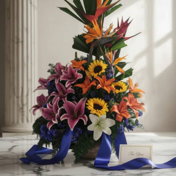 Arreglo floral exótico Armonía con lirios morados, girasoles amarillos, aves del paraíso naranjas y follaje verde, sobre márm