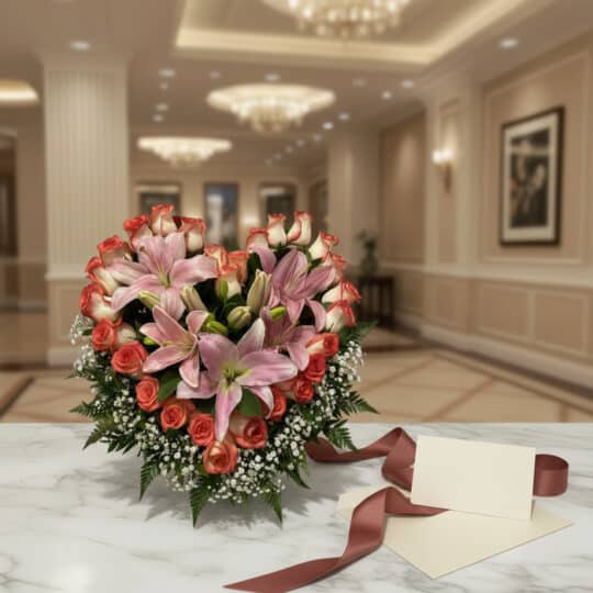 Arreglo floral Feliz Contigo con rosas coral y lirios rosados, sobre mesa de mármol en lobby elegante, con cinta decorativa.