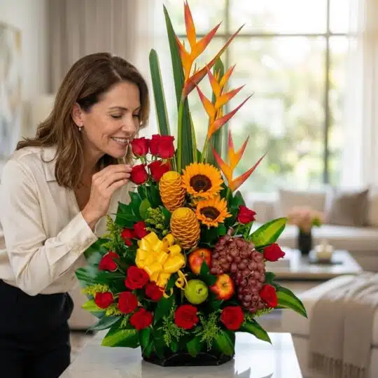 Mujer elegante admirando y oliendo un Arreglo Floral con Frutas Durio, que incluye rosas rojas, girasoles, aves del paraíso,