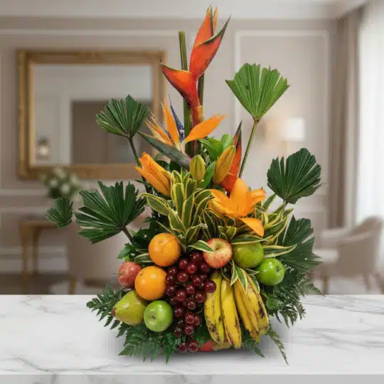 Arreglo floral con frutas exóticas y flores tropicales como aves del paraíso y lirios, sobre una mesa de mármol en un elegant