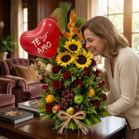 Mujer sonriente admirando un Arreglo Floral con Frutas Trópico, girasoles, rosas rojas y globo de corazón 'Te Amo' en un hoga