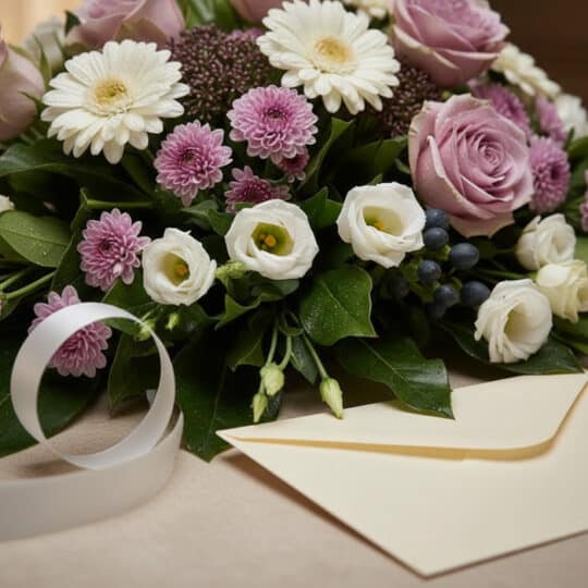 Arreglo floral fúnebre Sereno "Jardín de Ines" con rosas malva, gerberas blancas, crisantemos morados, lisianthus blancos y f