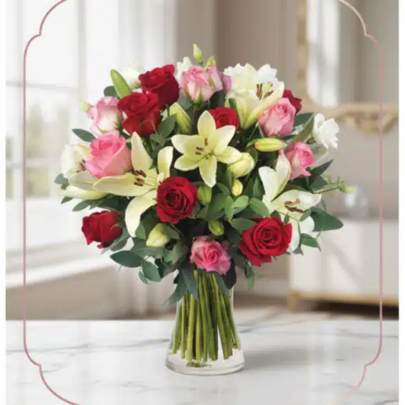 Arreglo Floral GIORGIA: Rosas Rojas, Rosadas y Lirios Frescos Arreglo floral GIORGIA con rosas rojas, rosas rosadas y lirios blancos en un jarrón de cristal, sobre una mesa de mármol con