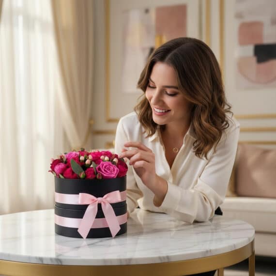 Mujer elegante admira Arreglo Floral LILIAN con rosas lila y rojas en caja negra con moño rosa, sobre mesa de mármol en inter