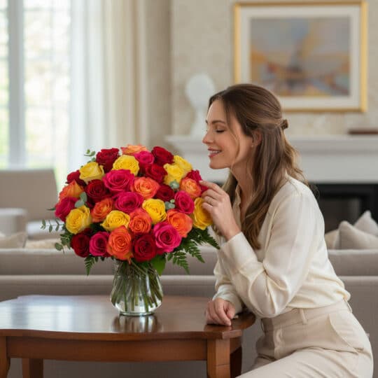 Mujer joven y elegante admirando y oliendo un Arreglo Floral MARIELLA con 36 rosas frescas multicolor (rojas, amarillas, nara