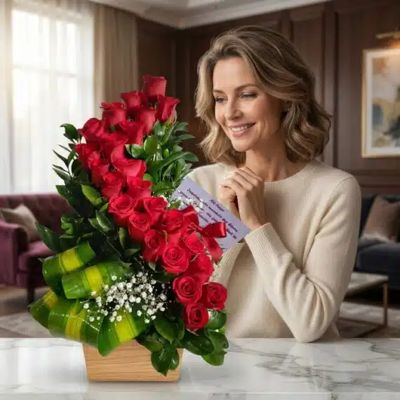 Mujer elegante de mediana edad admirando con deleite un arreglo floral de rosas rojas en espiral, con un moño y tarjeta, sobr