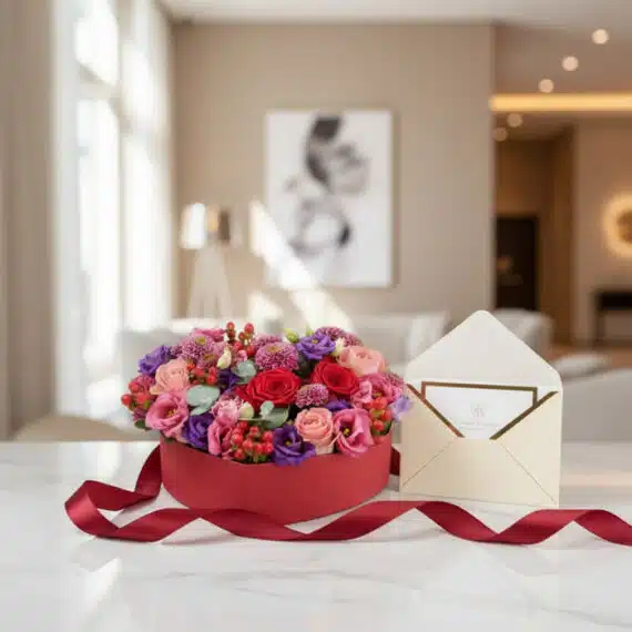 Arreglo floral ZITA en caja corazón roja con rosas, lisianthus y flores mixtas, tarjeta de regalo y cinta satinada sobre márm