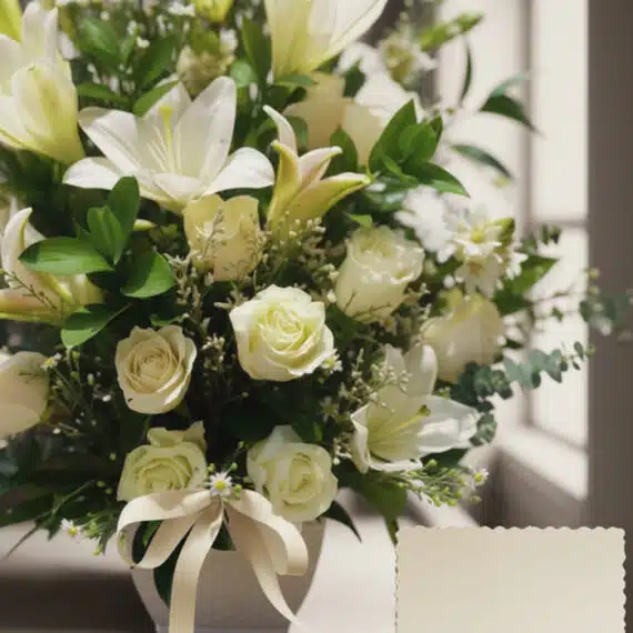 Fotografía macro premium de Arreglo Fúnebre Perpetuo con lirios y rosas blancas, follaje verde, rocío sutil y cinta satinada.