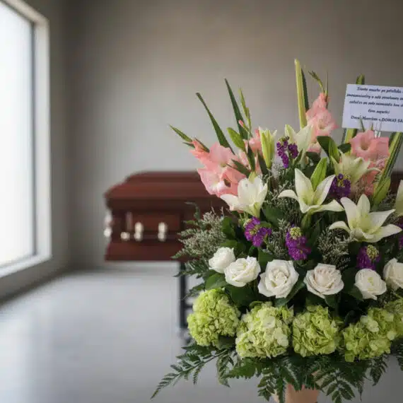 Arreglo floral fúnebre 'Te Fuiste' con lirios blancos, gladiolos rosas, rosas blancas y hortensias verdes, en una sala de vel