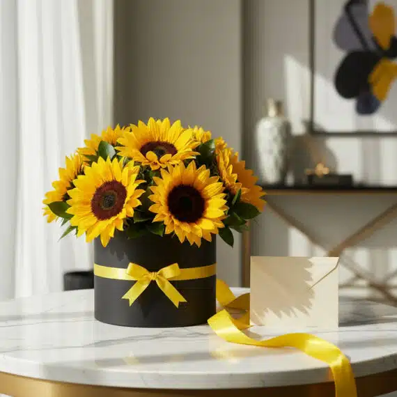 Arreglo floral de girasoles MARISA en caja negra con cinta amarilla, tarjeta de regalo y sobre, sobre mesa de mármol. Ideal p
