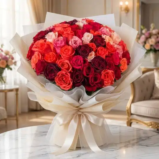 Impresionante bouquet de 72 rosas FILIPPA en tonos rojos, naranjas y rosas, con empaque coreano elegante, sobre mesa de mármo