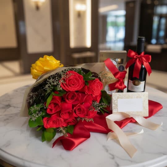 Elegante bouquet de rosas rojas frescas, caja de chocolates gourmet y botella de vino tinto, presentado sobre mármol blanco c