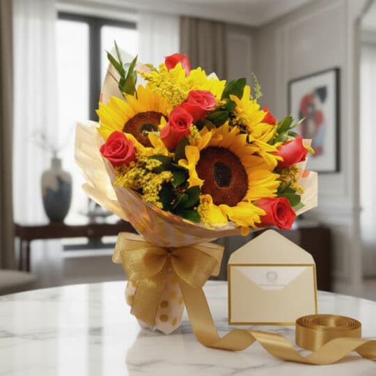 Elegante bouquet de rosas rojas y girasoles, envuelto en papel decorativo y cinta dorada, sobre mesa de mármol en un ambiente