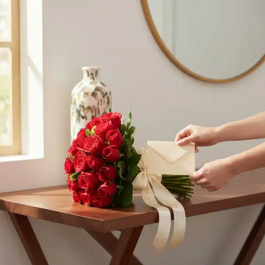 Manos delicadas colocando una tarjeta en un sobre junto a un exuberante bouquet TIZIANA de 80 rosas rojas premium, atado con