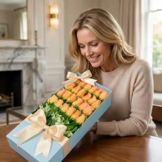 Mujer rubia de mediana edad sonriendo y admirando una caja rectangular azul claro con 24 rosas salmón frescas y follaje verde