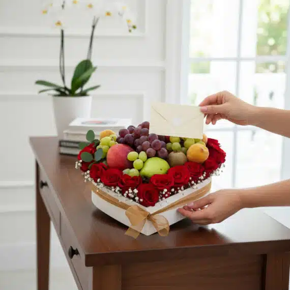 Manos colocando tarjeta en Caja Armani, arreglo de frutas y rosas rojas en forma de corazón sobre mesa de madera en un hogar