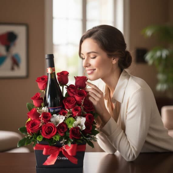 Mujer elegante admirando y oliendo una Caja Floral ENNIO con rosas rojas frescas y una botella de vino tinto, en un ambiente