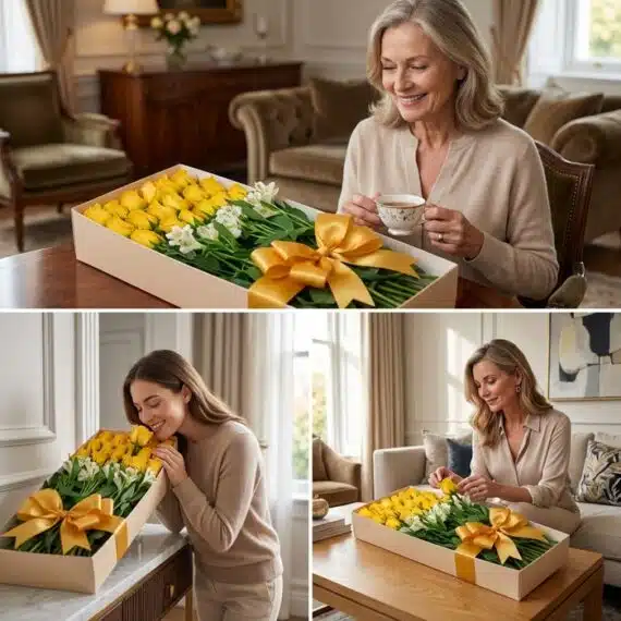 Tres imágenes de mujeres elegantes disfrutando de una caja de 18 rosas amarillas y alstroemerias blancas con un lazo dorado e