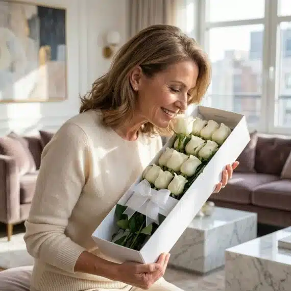 Mujer sonriente y elegante admirando una caja de 12 rosas blancas con un moño, en un lujoso interior de hogar con luz natural
