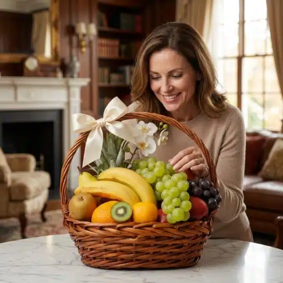 Mujer elegante sonriendo y admirando una canasta de mimbre llena de frutas frescas variadas y orquídeas blancas, con un lazo