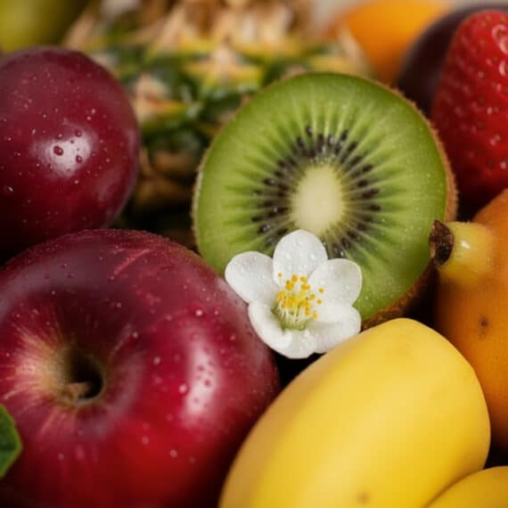 Primer plano extremo de una canasta de frutas frescas Canes, destacando manzanas rojas, kiwi, plátanos y una flor blanca con