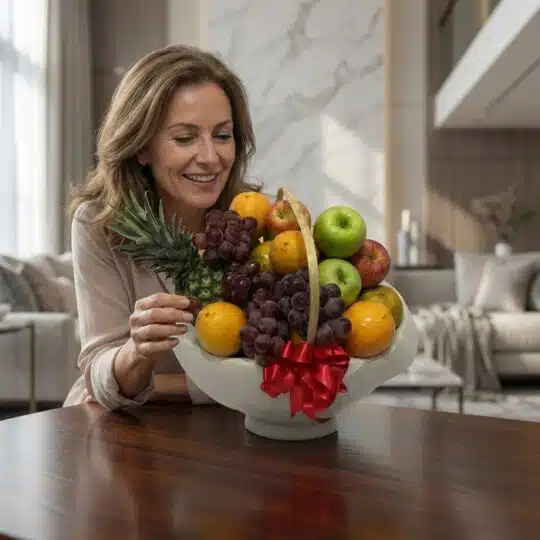 Mujer de mediana edad sonriendo y admirando una canasta de frutas gourmet con piña, uvas, manzanas y naranjas, en un entorno