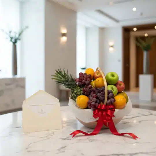 Canasta de frutas premium con piña, uvas, manzanas y naranjas, decorada con un lazo rojo y una tarjeta de regalo elegante, so