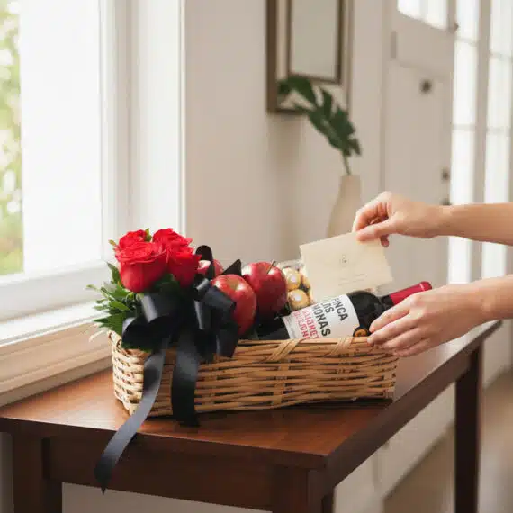 Manos colocando una tarjeta en una elegante cesta de regalo con rosas rojas, vino tinto, manzanas y chocolates Ferrero Rocher