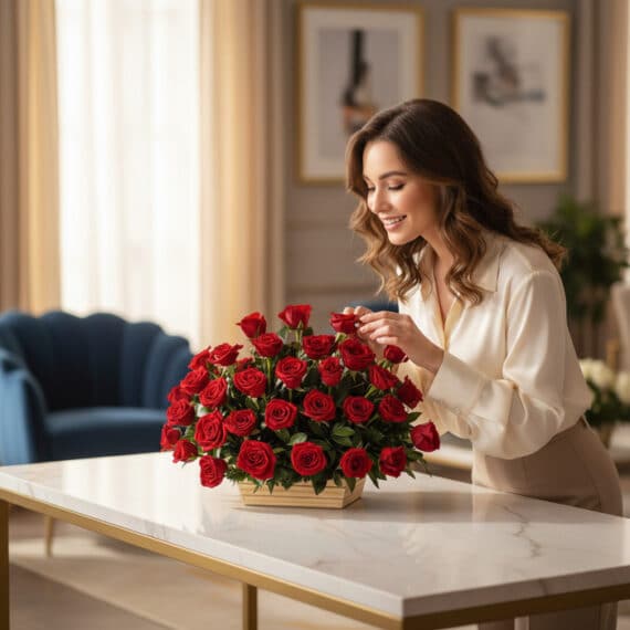 Mujer joven sonriente admirando y tocando delicadamente una cesta de 40 rosas rojas frescas en un lujoso salón con luz natura