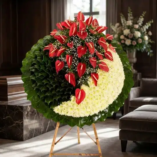 Impresionante corona fúnebre con anthuriums rojos y crisantemos blancos, presentada en una sala de velación premium con luz n