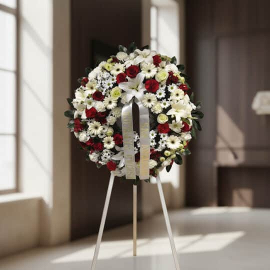 Corona de homenaje fúnebre Ararat con flores blancas y rojas, lirios, rosas y margaritas, sobre un trípode en una sala de vel