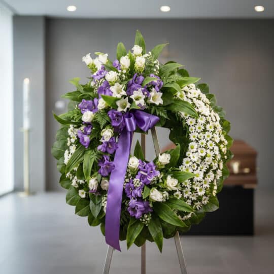 Corona fúnebre 'Homenaje a Daniel' con flores blancas y moradas, lazo morado, en sala de velación moderna con ataúd desenfoca